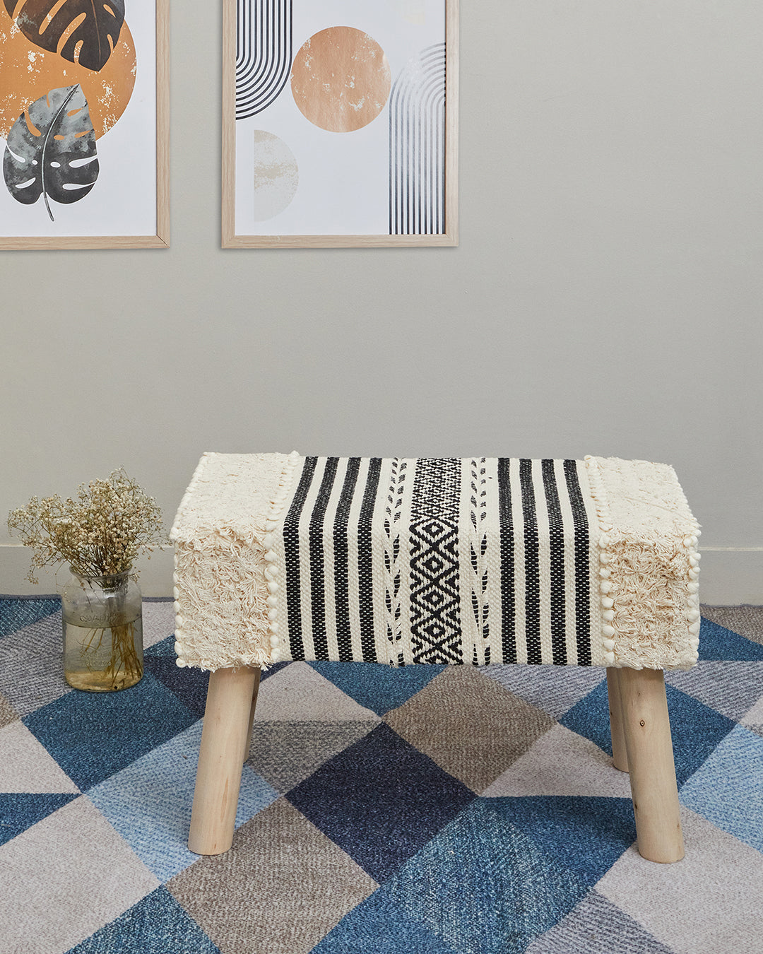 Beige & black bohemian 4 legged wooden bench/side table