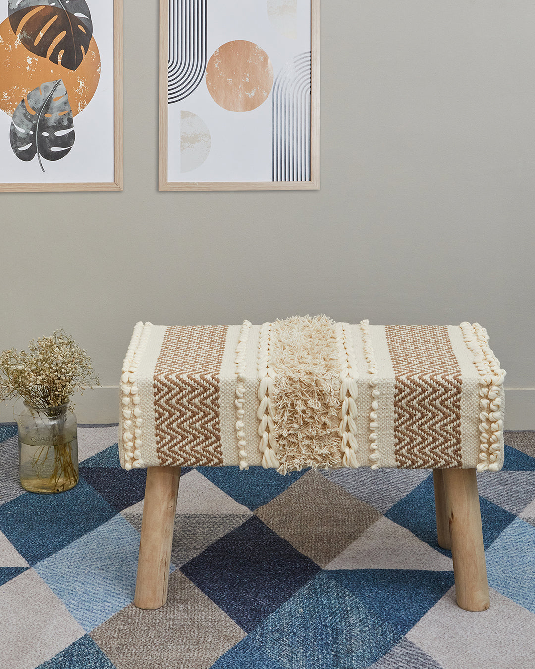 Tufted beige bohemian 4 legged wooden bench/side table