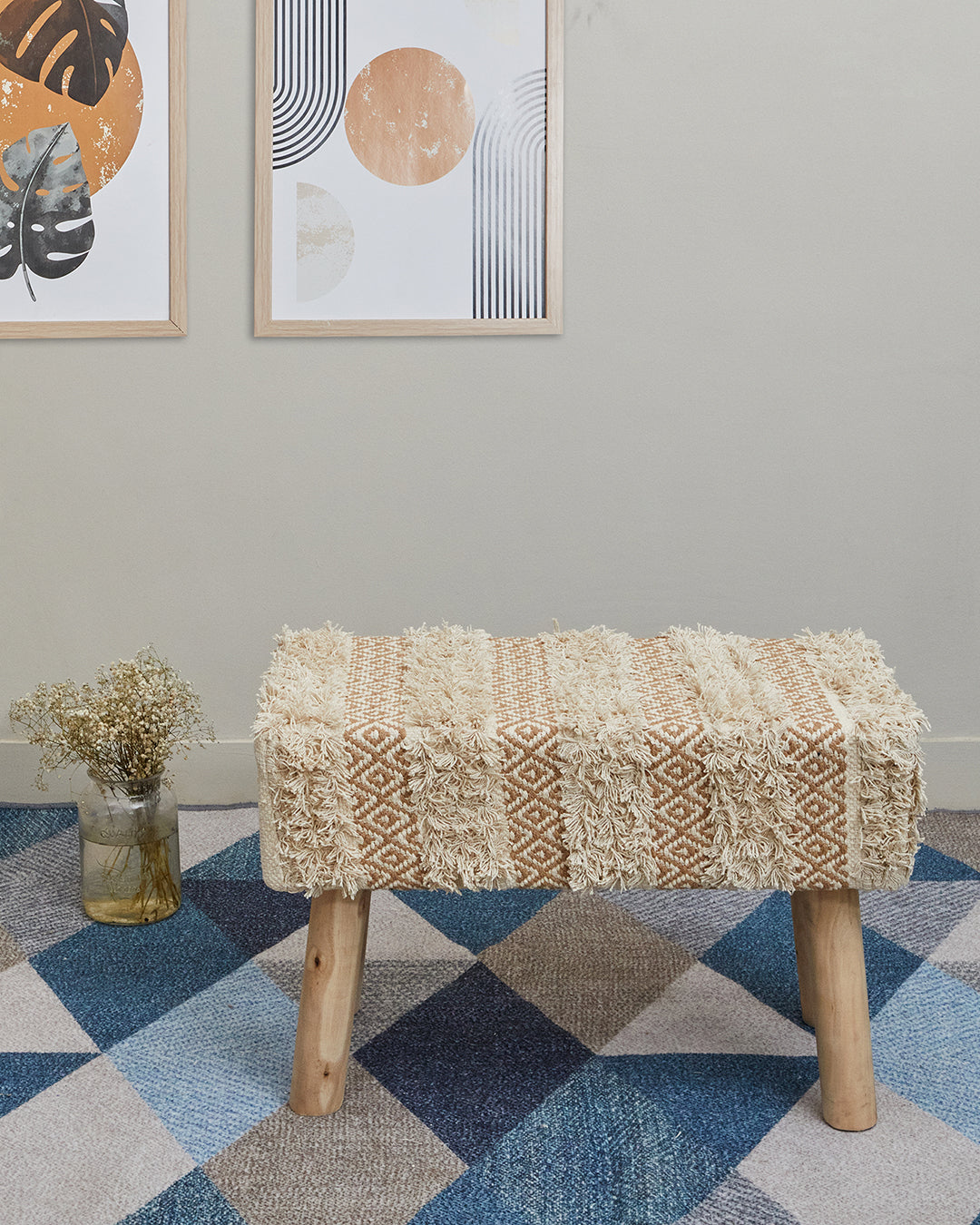 Decorative beige bohemian 4 legged wooden bench/side table