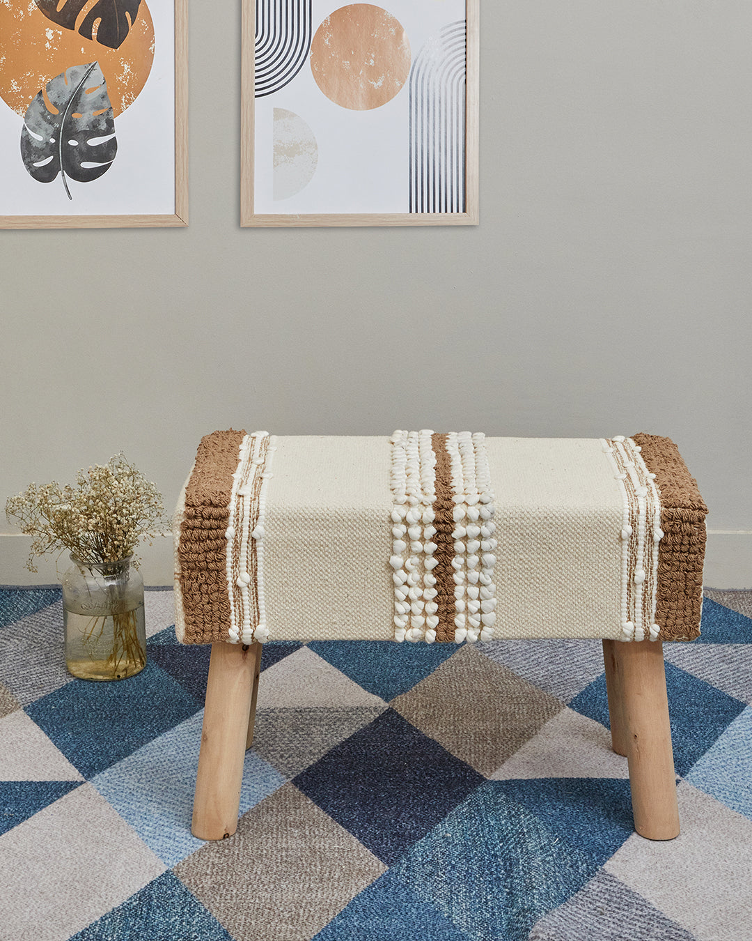 Elegant beige bohemian 4 legged wooden bench/side table