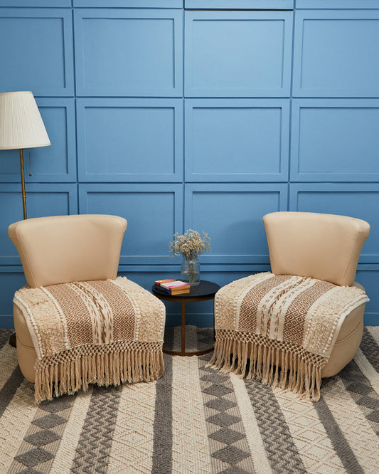 Braided Beige 1 seater sofa cover with tassles