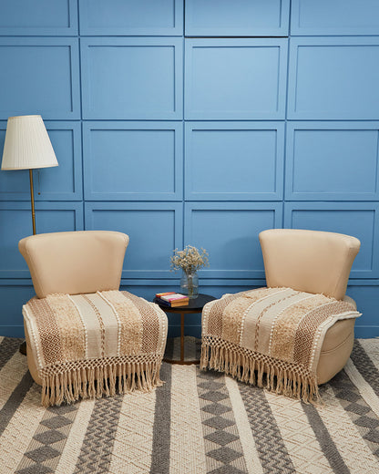 Hand crafted Beige 1 seater sofa cover with tassles