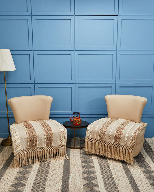 Tufted Beige 1 seater sofa cover with tassles